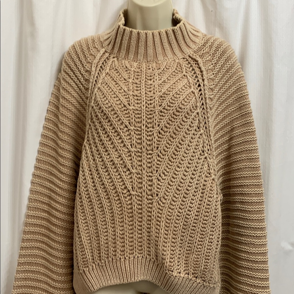 Free People Sweetheart Sweater in Sandstone Tan Cable Knit Dolman Sleeve Mock